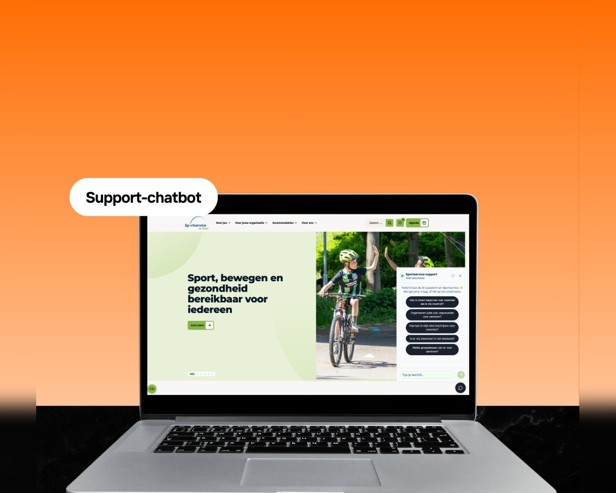 Sportservice De Vallei AI-supportchatbot mockup op laptop