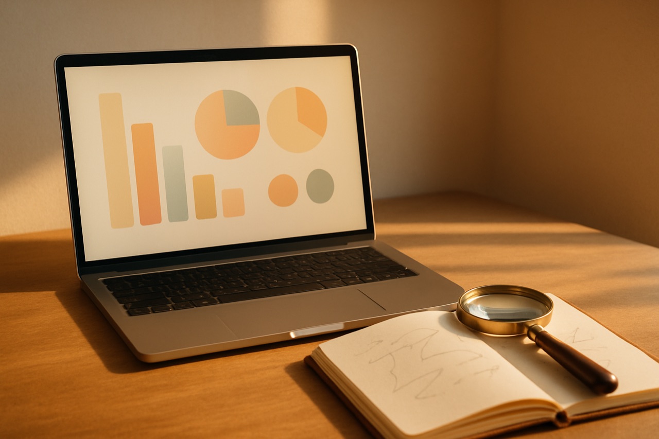 Laptop met een abstract dashboard naast een messing vergrootglas op een open notitieboek.