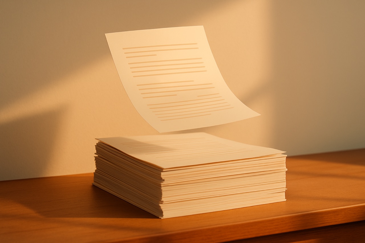 Stapel zakelijke documenten op een houten bureau met één vel zwevend boven de stapel, in warm namiddaglicht.
