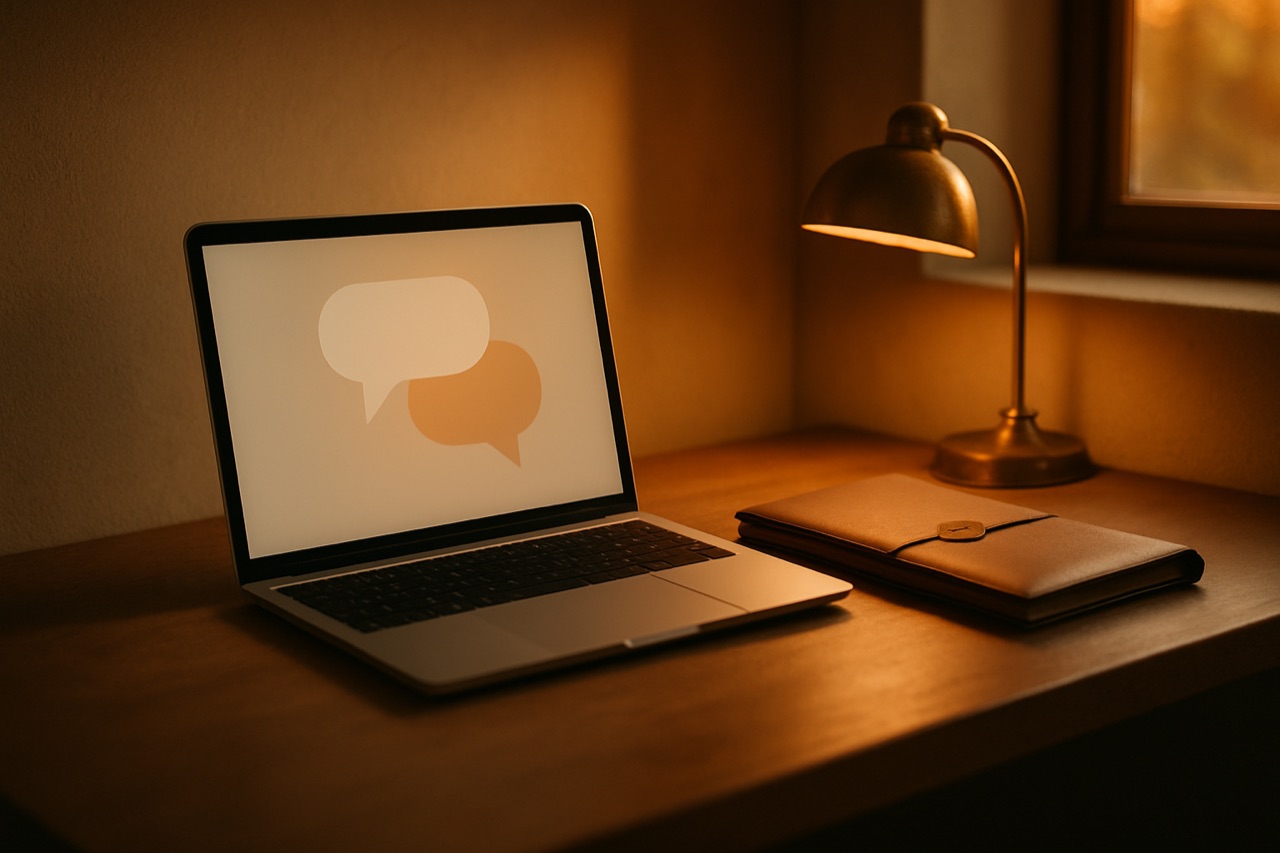 Open MacBook met abstracte chat-interface, naast een verzegelde leren map en messing bureaulamp in een rustige werkplek.