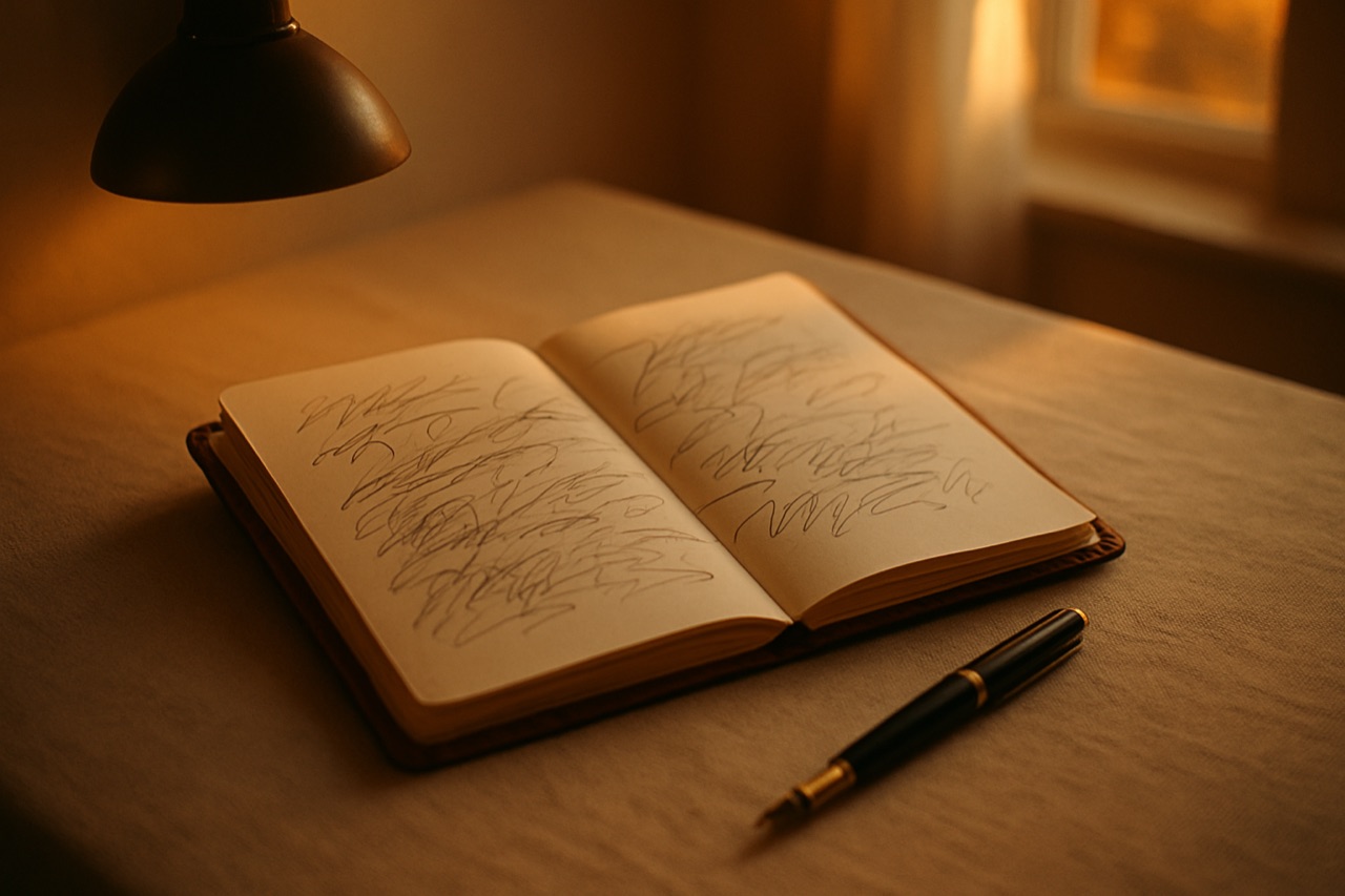 Open leren notitieboek met handgeschreven schetsen en een vintage vulpen ernaast.