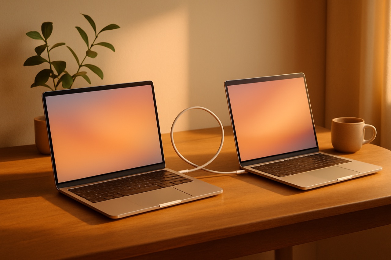 Twee MacBooks naar elkaar gericht op een houten bureau, verbonden door een enkele USB-C kabel.