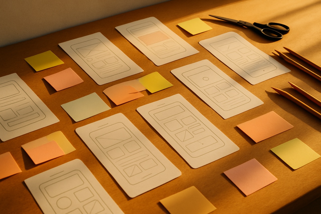 Houten tafel met handgetekende paper wireframes van app-schermen, stickies en designpotloden in gouden licht.