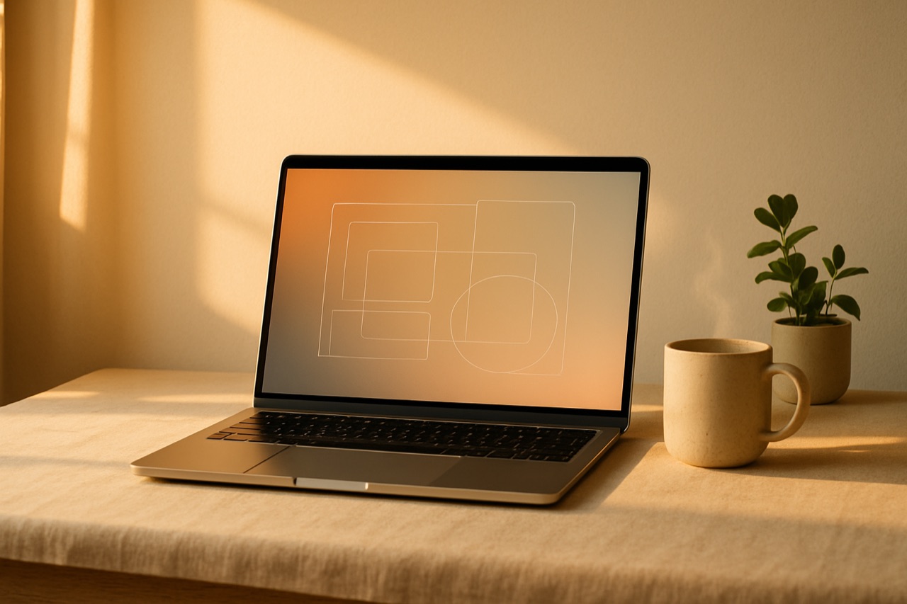MacBook met abstracte design-wireframes op het scherm, op een linnen bureau in laag namiddaglicht.